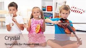  Presentation with music instrument - Cool new PPT layouts with kids playing on musical instrument backdrop and a coral colored foreground