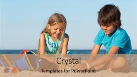  Presentation with kids playing - Beautiful slide deck featuring kids playing on the beach backdrop and a coral colored foreground
