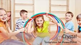  Presentation with gym - Cool new presentation theme with happy children holding colorful hula backdrop and a coral colored foreground