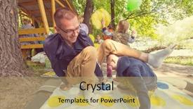  Presentation with kids video game addiction - Colorful PPT theme enhanced with kids playing twister game outdoors backdrop and a coral colored foreground