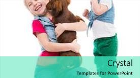  Presentation with dachshund - Audience pleasing PPT theme consisting of kids playing with a red dachshund isolatad on white background backdrop and a cyan colored foreground