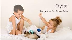  Presentation with yarn - Theme consisting of kids playing with their kitten and yarn in the bed background and a cream colored foreground