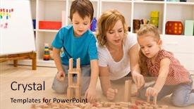  Presentation with kids playing - Beautiful PPT layouts featuring kids playing with wooden blocks backdrop and a coral colored foreground