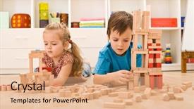  Presentation with kids playing - Slide set having kids playing with wooden blocks background and a coral colored foreground