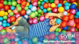  Presentation with plastic - Colorful presentation design enhanced with kids pool party - happy child playing at colorful backdrop and a teal colored foreground