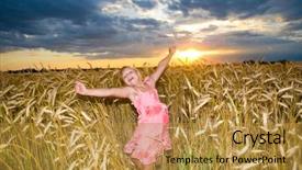  Presentation with summer wheat field blue - Beautiful presentation theme featuring kids power point - little girl jumps backdrop and a  colored foreground