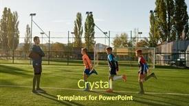  Presentation with kids soccer - Presentation design featuring kids-practicing-soccer-on-grass background and a tawny brown colored foreground