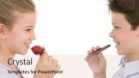  Presentation with chocolate strawberry - Beautiful PPT theme featuring kids profile - sister eating strawberry by brother backdrop and a  colored foreground