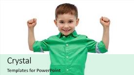  Presentation with brain power concept 3d - PPT theme featuring kids raising hands - childhood power gesture and people background and a seafoam green colored foreground