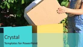  Presentation with container - PPT theme consisting of kids recycling - little girl throwing cardboard boxes background and a cyan colored foreground