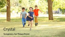  Presentation with children running - Slide deck featuring kids running - group of children in park background and a  colored foreground