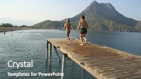  Presentation with kids jumping and lifting hand - Slides enhanced with military model sailing ship times 18-19 centuries background and a sky blue colored foreground