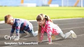  Presentation with child girl reading a book - Cool new presentation theme with kids running school - little girl and boy backdrop and a gray colored foreground