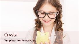  Presentation with save - Colorful slide set enhanced with kids save money - picture of little girl backdrop and a lemonade colored foreground