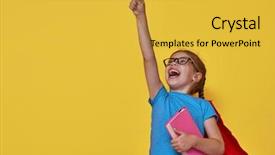  Presentation with education red - Audience pleasing presentation theme consisting of little child plays superhero kid on the background of bright color wall education and success concept yellow red and blue backdrop and a yellow colored foreground