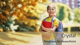  Presentation with school building - Theme having kids schoolbag walk - pupil of primary school background and a yellow colored foreground