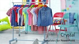  Presentation with clothing wooden clothes hanger object - Beautiful theme featuring kids shopping - children clothes hanging on hangers backdrop and a light blue colored foreground