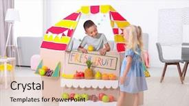  Presentation with fruits - Cool new PPT layouts with kids shopping - cute little boy selling fruits backdrop and a coral colored foreground