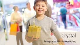  Presentation with gift - Audience pleasing PPT theme consisting of kids shopping - portrait of happy child holding backdrop and a coral colored foreground