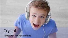  Presentation with music apps - Slide set consisting of kids singing - boy listening music closeup background and a teal colored foreground