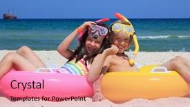  Presentation with kids - PPT theme enhanced with kids sitting on the beach background and a coral colored foreground