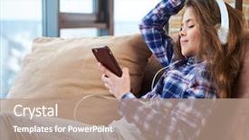  Presentation with cheerful stylish city girl using - Slide set enhanced with kids social - beautiful little girl in headphones background and a  colored foreground