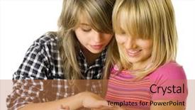  Presentation with teenage - PPT layouts featuring kids social - teenage girls using touchpad pc background and a coral colored foreground