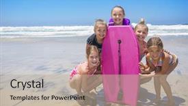  Presentation with kids space - Slides featuring kids standing by a boogie background and a mint green colored foreground