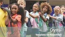  Presentation with school kids - PPT theme having kids standing in a queue background and a gray colored foreground