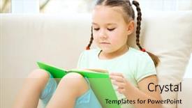  Presentation with child girl reading a book - Presentation design having kids storybook - cute little girl is reading background and a  colored foreground