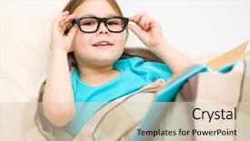  Presentation with child girl reading a book - Slides with kids storybook - cute little girl is reading background and a  colored foreground