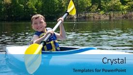  Presentation with kayaking - Presentation design featuring kids summer camp - boy kayaking background and a teal colored foreground