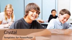  Presentation with school class arabic kids - Beautiful PPT theme featuring class of teenagers in school backdrop and a coral colored foreground