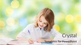  Presentation with children books - Beautiful PPT theme featuring table with books and writing backdrop and a lemonade colored foreground