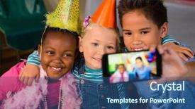  Presentation with kids birthday - Audience pleasing PPT theme consisting of kids talking selfie through smartphone backdrop and a ocean colored foreground