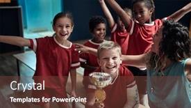  Presentation with kids sport - Colorful slide deck enhanced with kids-team-and-female-coach backdrop and a tawny brown colored foreground