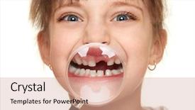  Presentation with magnifying glass - Presentation theme with kids teeth - girl show lost tooth background and a coral colored foreground