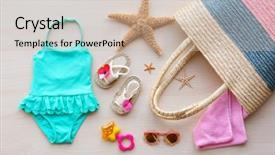  Presentation with summer holiday - PPT layouts featuring kids travel - summer accessories on wooden background background and a soft green colored foreground