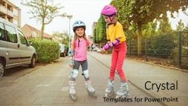  Presentation with roller skating - Amazing PPT theme having kids trying new activity - inline backdrop and a coral colored foreground