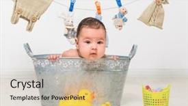  Presentation with dry - Presentation design enhanced with laundry fun happy baby boy - little two-month girl bathes background and a soft green colored foreground