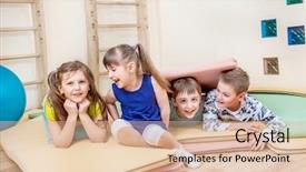  Presentation with children in wheelchairs in school setting - Audience pleasing theme consisting of tumble - children having fun backdrop and a lemonade colored foreground