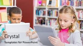  Presentation with digital library - PPT theme with using digital tablet in library background and a light gray colored foreground