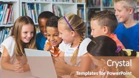  Presentation with kids in school - Colorful slide set enhanced with kids using laptop in library backdrop and a coral colored foreground