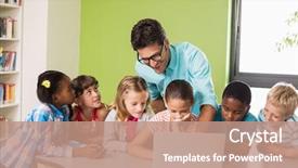  Presentation with kids in school - Slides with kids using laptop in library background and a coral colored foreground