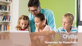  Presentation with school kids - PPT theme with kids using laptop in library background and a coral colored foreground