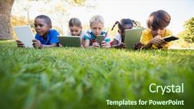  Presentation with kids - Amazing PPT layouts having kids using technology backdrop and a tawny brown colored foreground