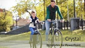  Presentation with bicycles - Slide deck enhanced with kids walk bike - dad and son riding bicycles background and a mint green colored foreground