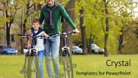  Presentation with bicycles - Colorful slide set enhanced with kids walk bike - dad and son standing backdrop and a  colored foreground