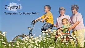  Presentation with fun fair swinging ride - Audience pleasing slides consisting of kids walk bike - ride with grandparents among daisies backdrop and a teal colored foreground