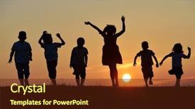  Presentation with children running - Presentation theme consisting of kids walk school - happy children silhouettes on summer background and a tawny brown colored foreground